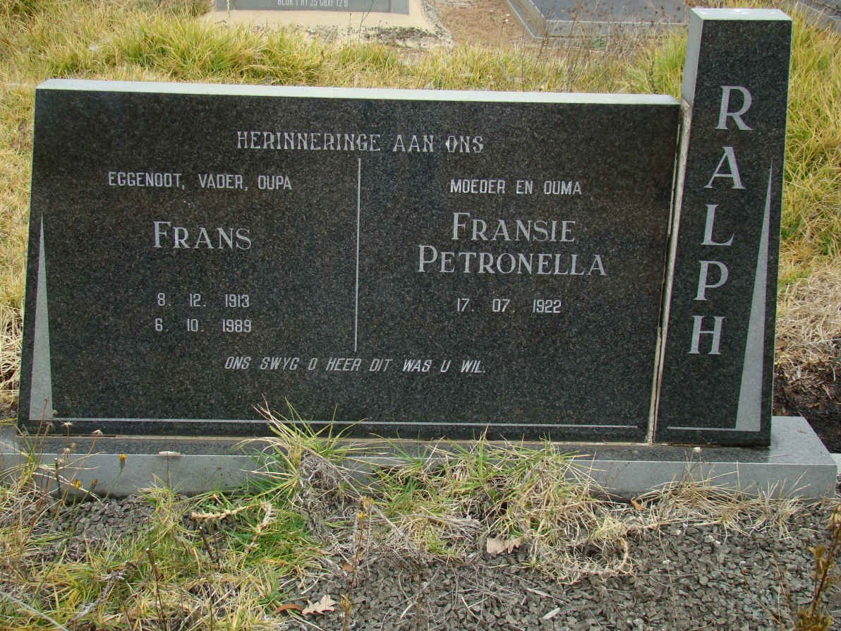 RALPH Frans 1913-1989 &amp; Fransie Petronella 1922-