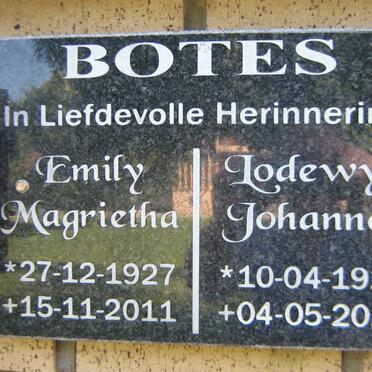 BOTES Lodewyk Johannes 1928-2015 &amp; Emily Magrietha 1927-2011