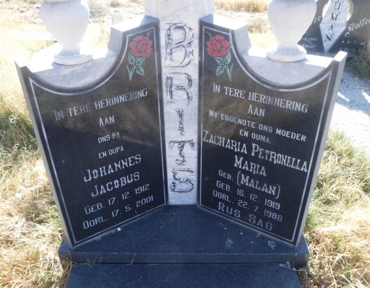 BRITS Johannes Jacobus 1912-2001 &amp; Zacharia Petronella Maria MALAN 1919-1988