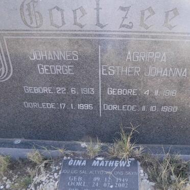 COETZEE Johannes George 1913-1995 &amp; Agrippa Esther Johanna 1918-1980 :: MATHEWS Gina 1949-2002