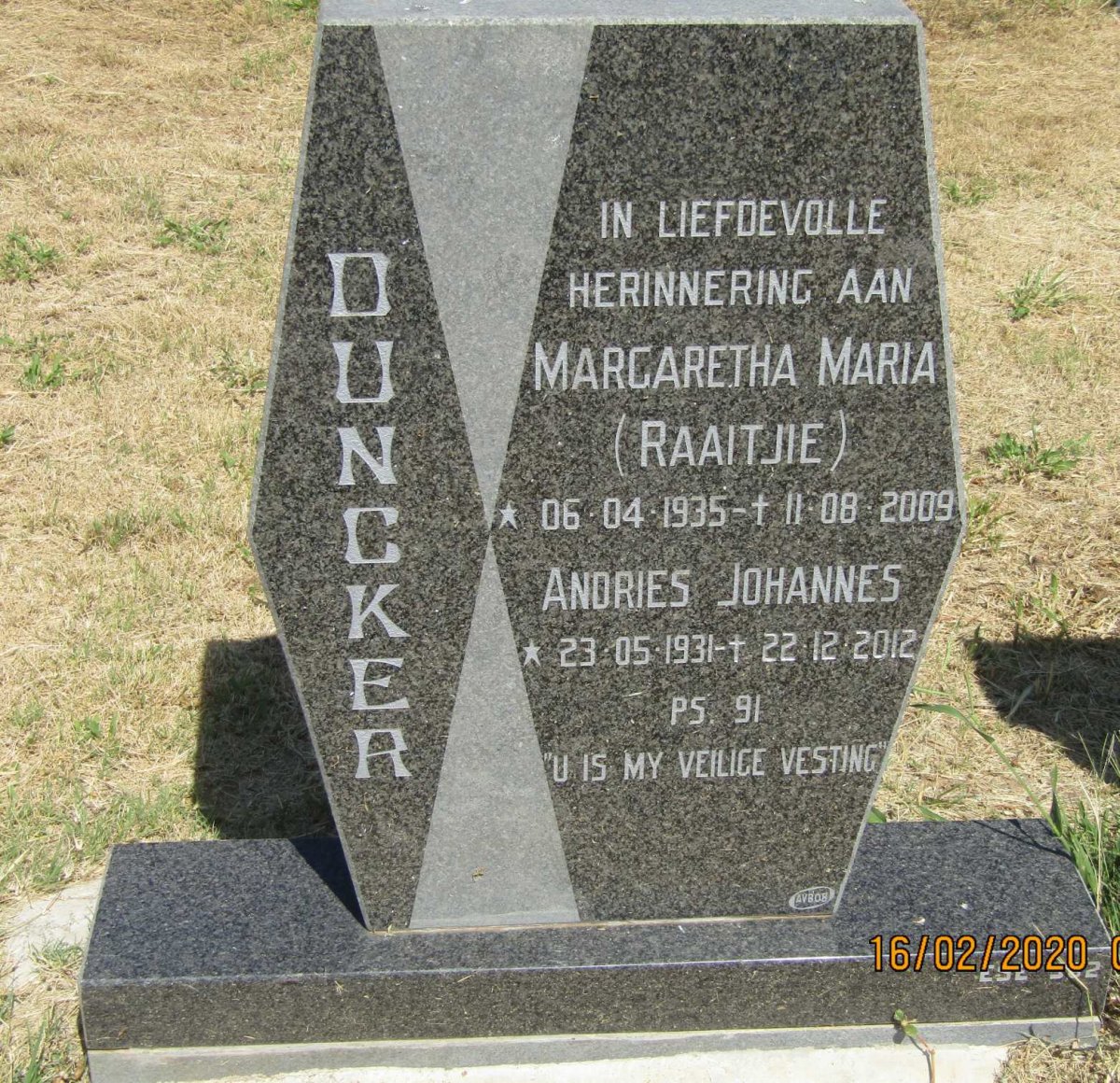 DUNCKER Andries Johannes 1931-2012 &amp; Margaretha Maria 1935-2009