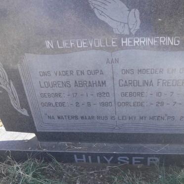 HUYSER Lourens Abraham 1920-1980 &amp; Carolina Frederika 1921-1980