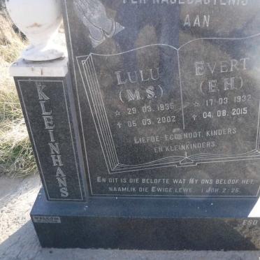 KLEINHANS  E.H. 1932-2015 &amp; M.S. 1935-2002