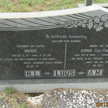 LUUS H.L. 1921-1968 &amp; A.M. PRETORIUS 1925-1987