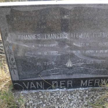 MERWE Johannes Francois, van der 1911-1982 &amp; Aletta Cornelia DICKS 1920-1990