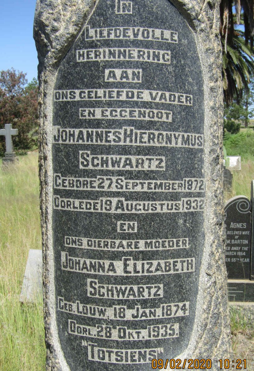 SCHWARTZ Johannes Hieronymus 1872-1932 &amp; Johanna Elizabeth LOUW 1874-1935