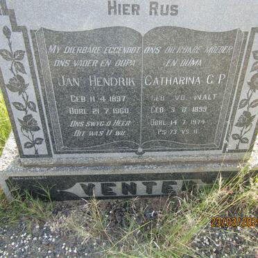 VENTER Jan Hendrik 1897-1960 &amp; Catharina G.P. V.D. WALT 1899-1974
