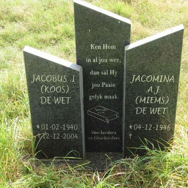 WET Jacobus I., de 1940-2004 &amp; Jacomina A.J. 1946-