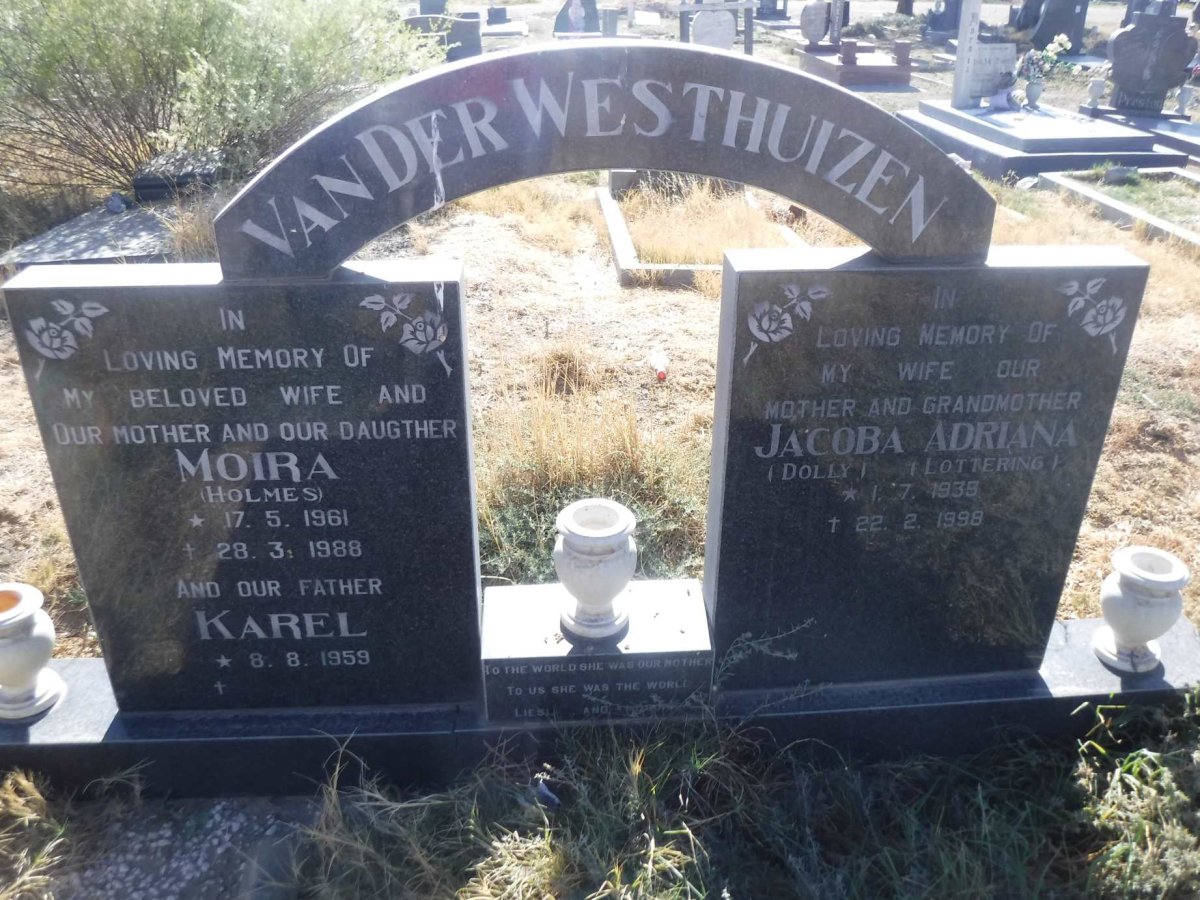 WESTHUIZEN Jacoba Adriana, van der nee LOTTERNG 1935-1998 :: VAN DER WESTHUIZEN Karel 1959- &amp; Moira HOLMES 1961-1988