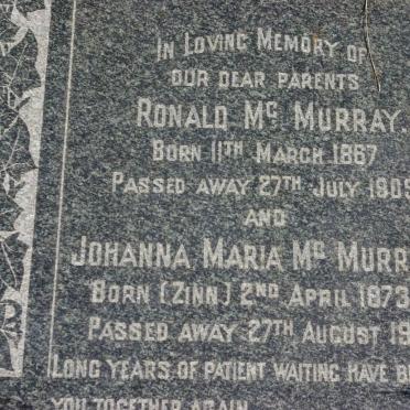 Mc MURRAY Ronald 1867-1909 &amp; Johanna Maria ZINN 1873-1942