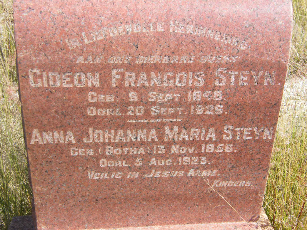STEYN Gideon Francois 1848-1926 &amp; Anna Johanna Maria BOTHA 1856-1923