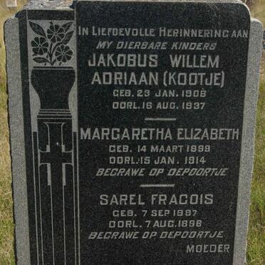 ? Jakobus Willem Adriaan 1906-1937 &amp; Margaretha Elizabeth 1899-1914 :: ? Sarel Fracois 1897-1898