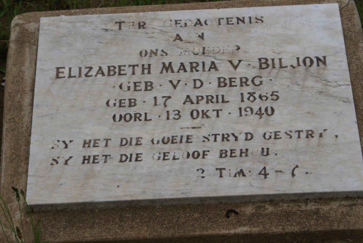 BILJON Elizabeth Maria, v. nee V.D. BERG 1865-1940