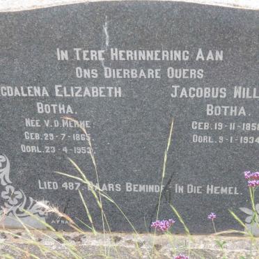 BOTHA Jacobus Willem 1858-1934 &amp; Magdalena Elizabeth V.D. MERWE 1865-1953