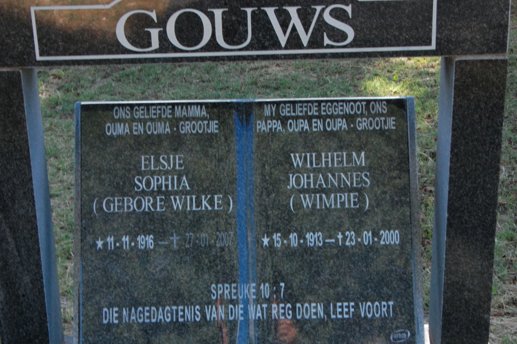 GOUWS Wilhelm Johannes 1913-2000 &amp; Elsje Sophia WILKE 1916-2007