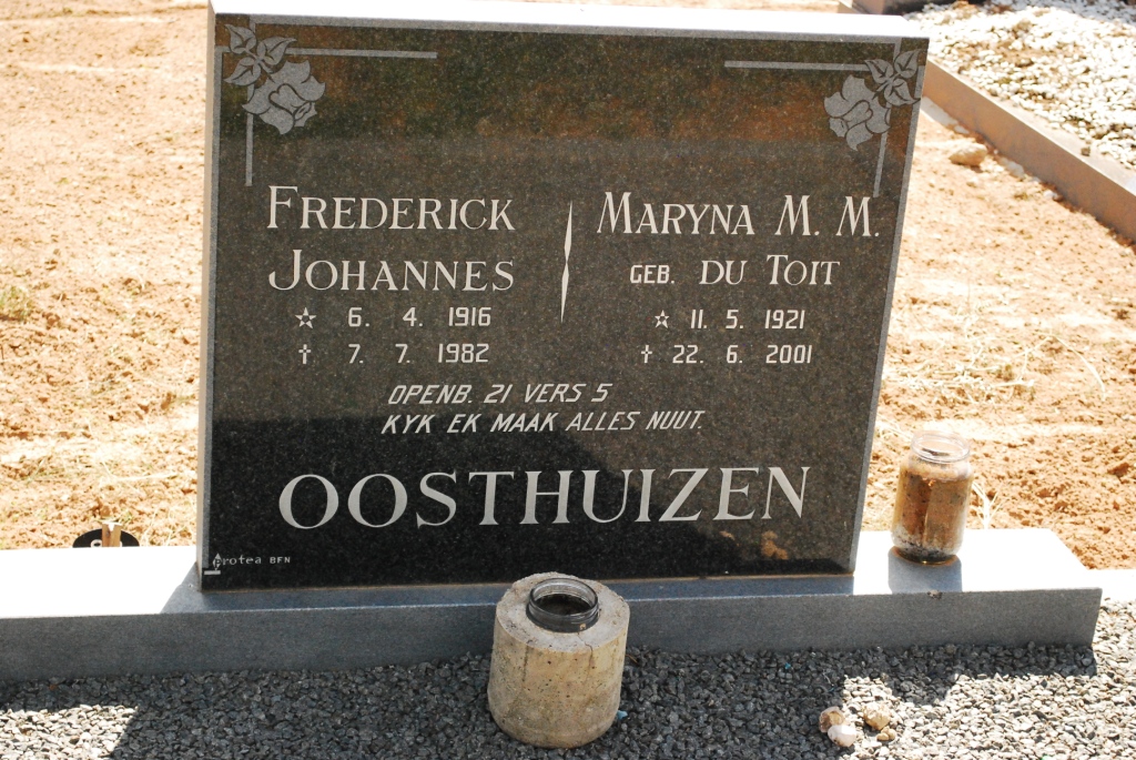 OOSTHUIZEN Frederick Johannes 1916-1982 &amp; Maryna M.M. DU TOIT 1921-2001