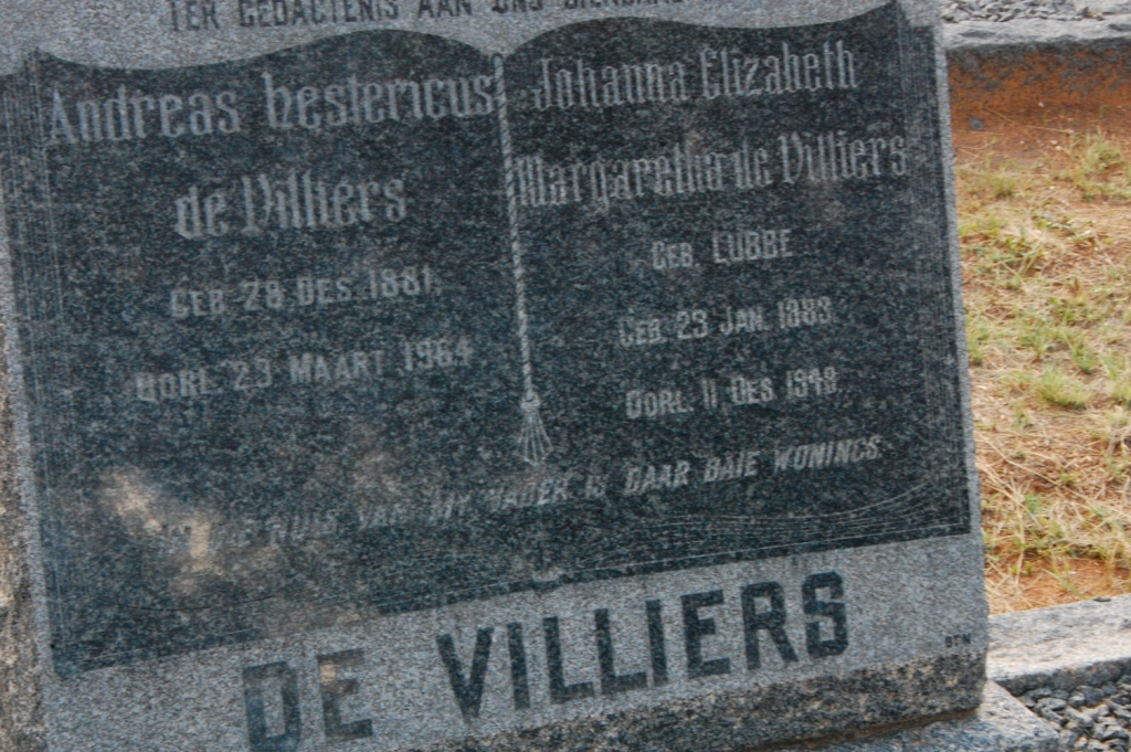 VILLIERS Andreas Hestericus, de 1881-1964 &amp; Johanna Elizabeth Margaretha LUBBE 1883-1948