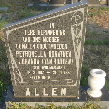 ALLEN Petronella Dorathea Johanna voorheen VAN ROOYEN nee WOLMARANS 1917-1991