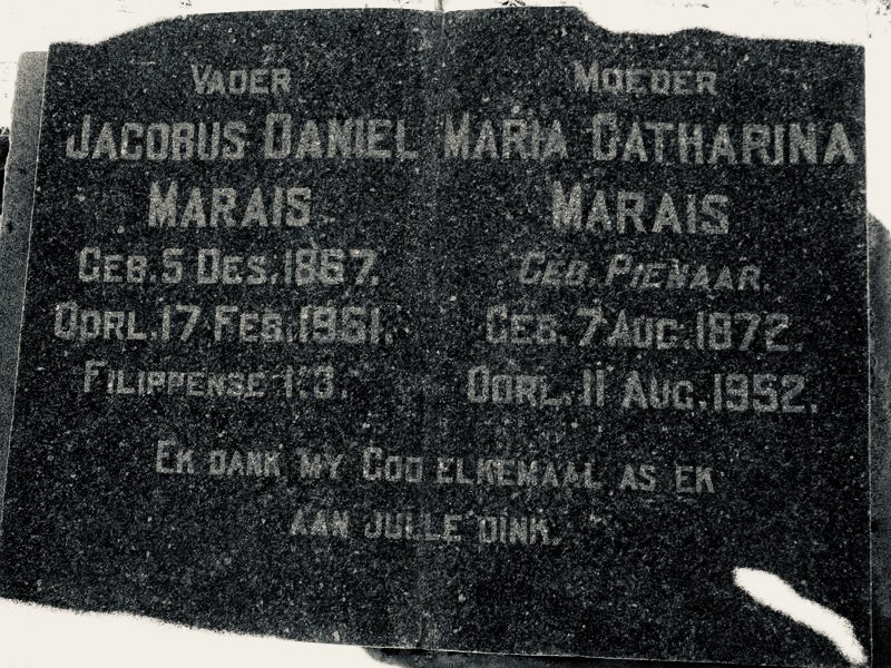 MARAIS Jacobus Daniel 1867-1951 &amp; Maria Catharina PIENAAR 1872-1952