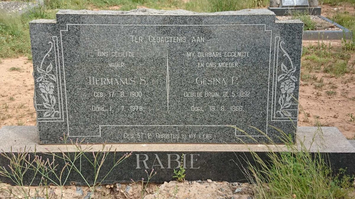 RABIE Hermanus S. 1900-1978 &amp; Gesina P. DE BRUIN 1892-1966