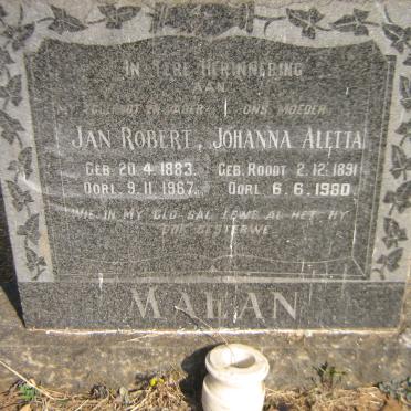 MALAN Jan Robert 1883-1967 &amp; Johanna Aletta ROODT 1891-1980