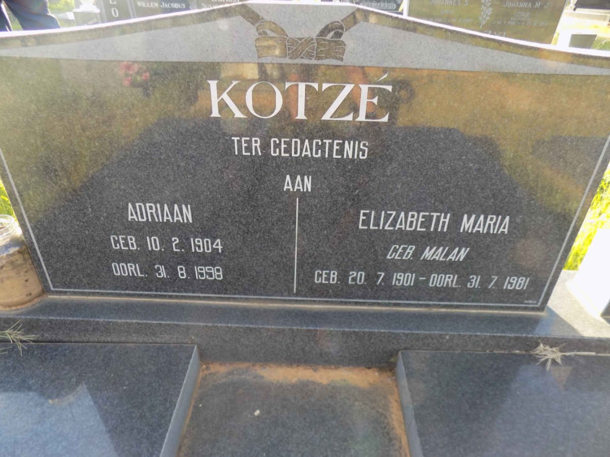 KOTZÉ Adriaan 1904-1998 &amp; Elizabeth Maria MALAN 1901-1981