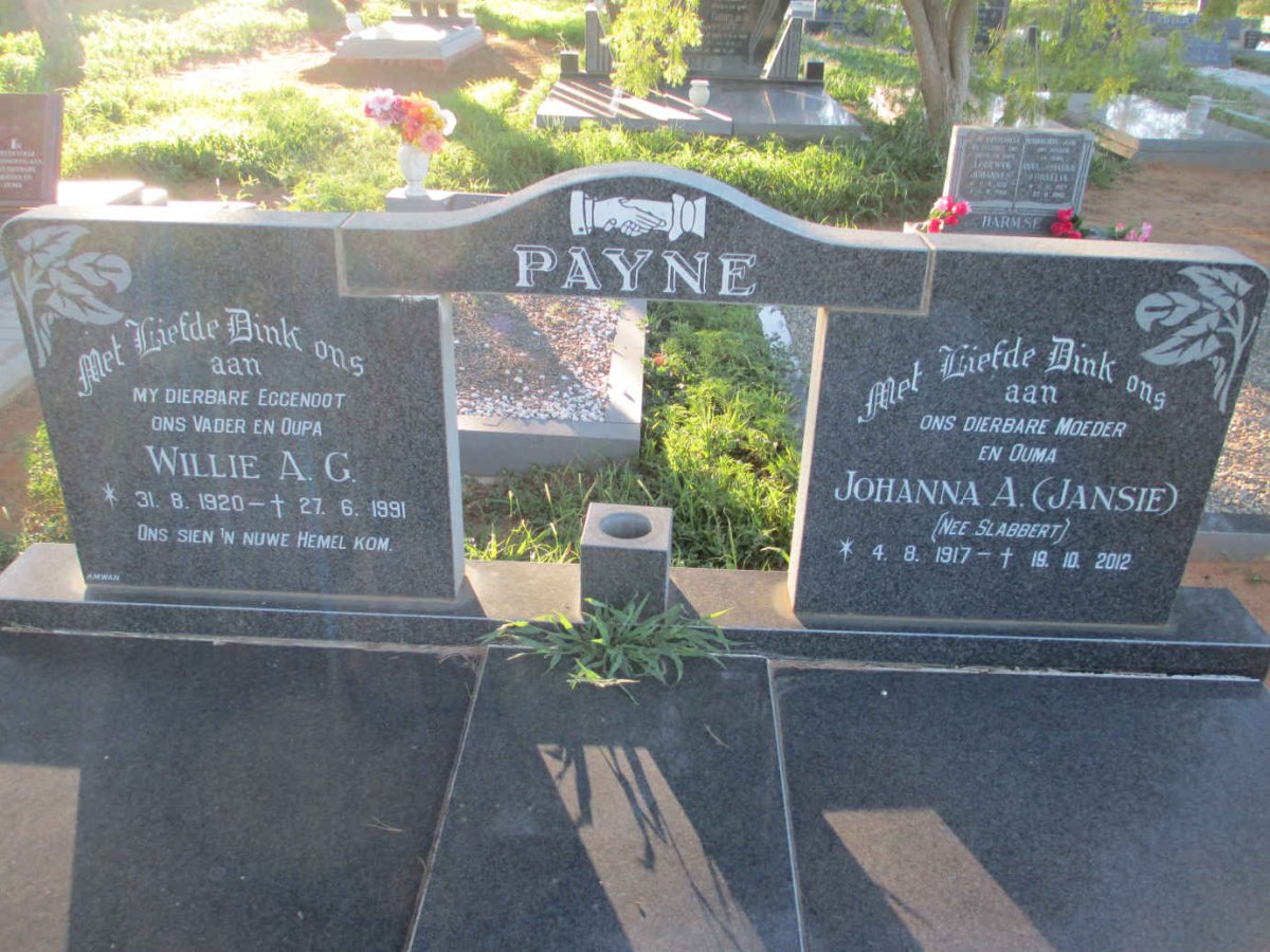 PAYNE Willie A.G. 1920-1991 &amp; Johanna A. SLABBERT 1917-2012