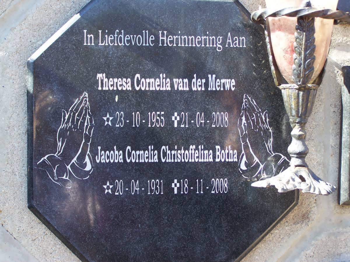 BOTHA Jacoba Cornelia Christoffelina 1931-2008 :: VAN DER MERWE Theresa Cornelia 1955-2008