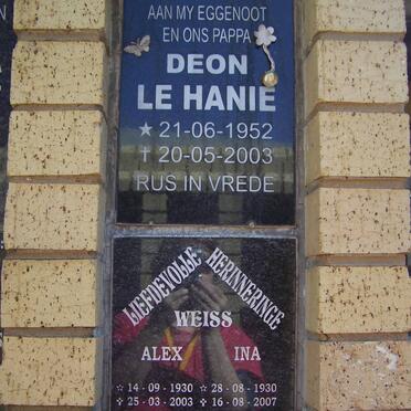 HANIE Deon, le 1952-2003 :: WEISS Alex 1930-2003 &amp; Ina 1930-2007