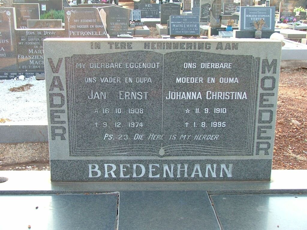 BREDENHANN Jan Ernst 1908-1974 &amp; Johanna Christina 1910-1995