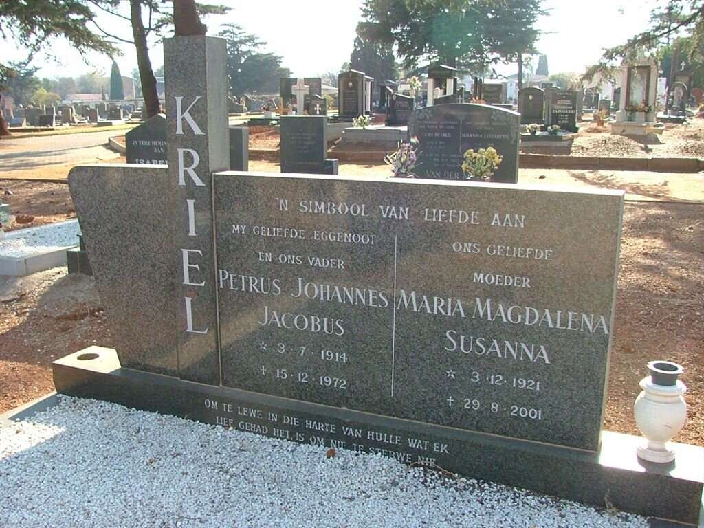 KRIEL Petrus Johannes Jacobus 1914-1972 &amp; Maria Magdalena Susanna 1921-2001