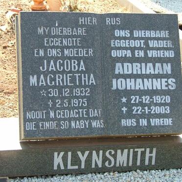KLYNSMITH Adriaan Johannes 1920-2003 &amp; Jacoba Magrietha 1932-1975
