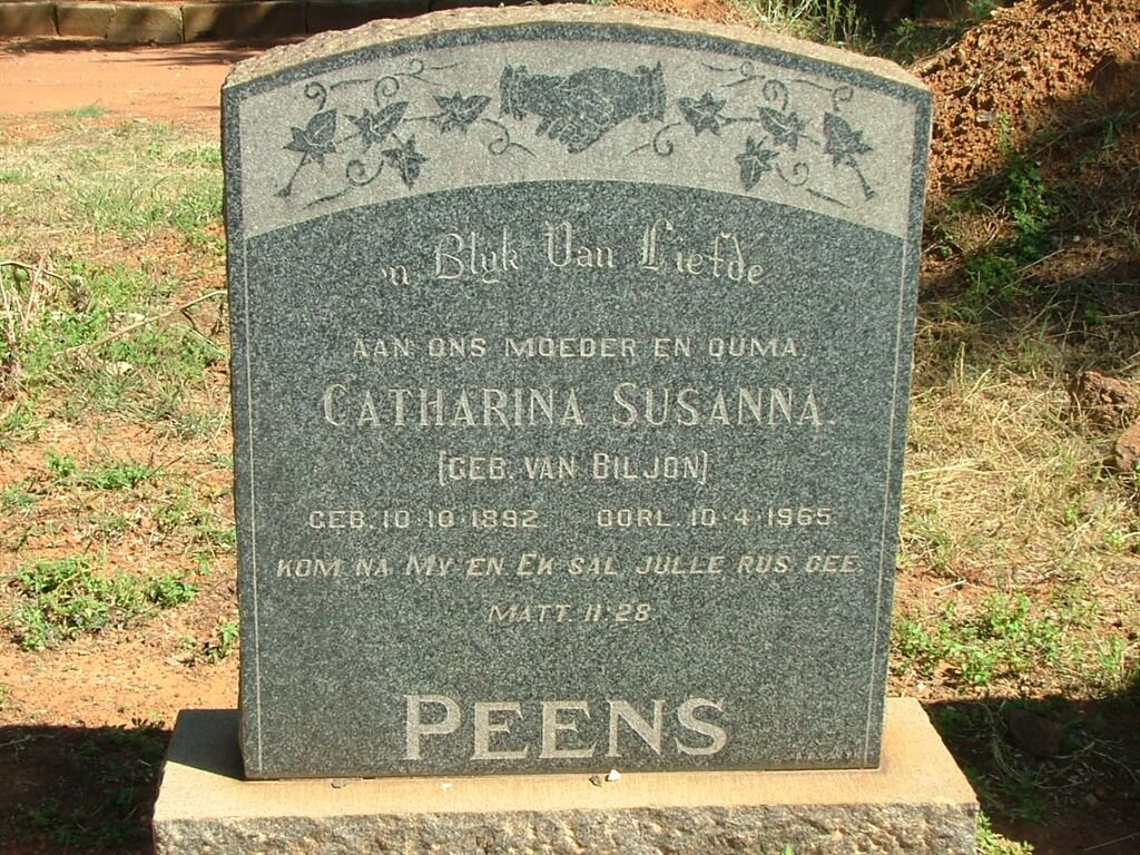PEENS Catharina Susanna nee VAN BILJON 1892-1965
