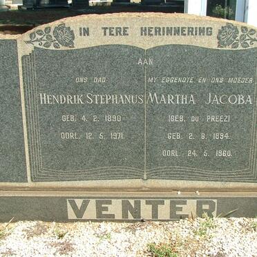 VENTER Hendrik Stephanus 1890-1971 &amp; Martha Jacoba Du Preez 1894-1960