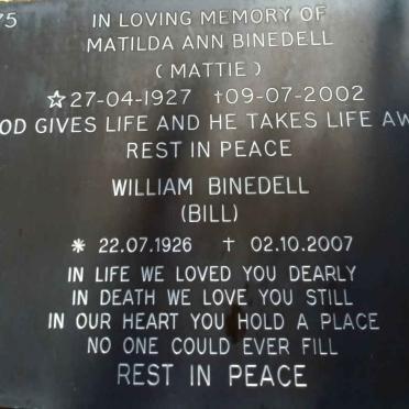 BINEDELL William 1926-2007 &amp; Matilda Ann 1927-2002