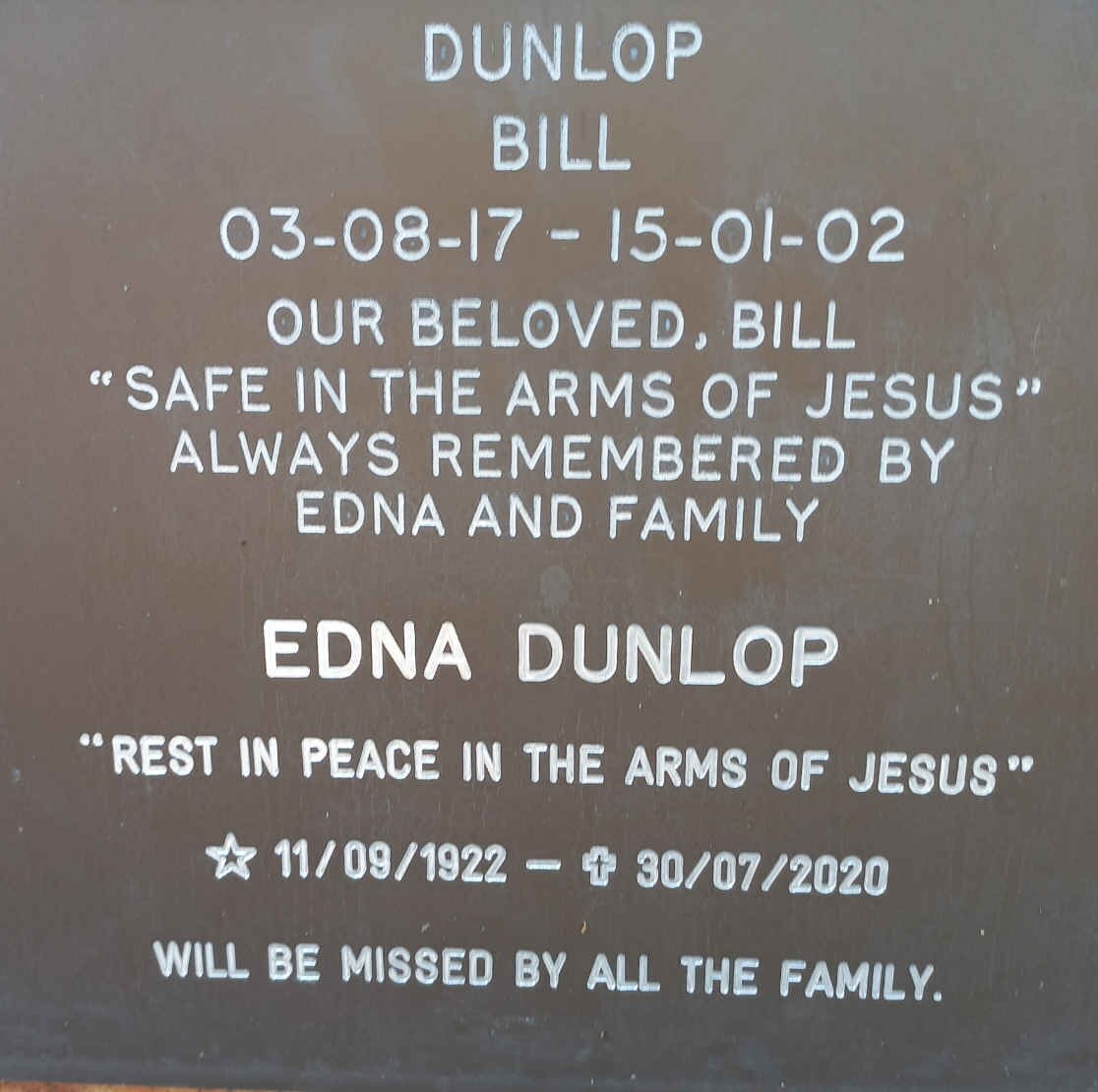 DUNLOP Bill 1917-2002 &amp; Edna 1922-2020