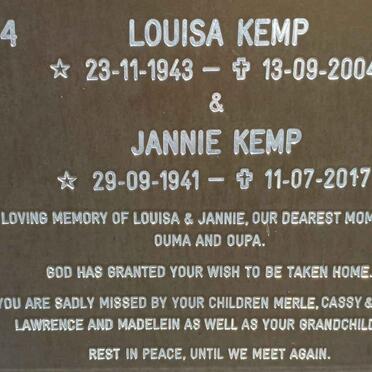 KEMP Jannie 1941-2017 &amp; Louisa 1943-2004