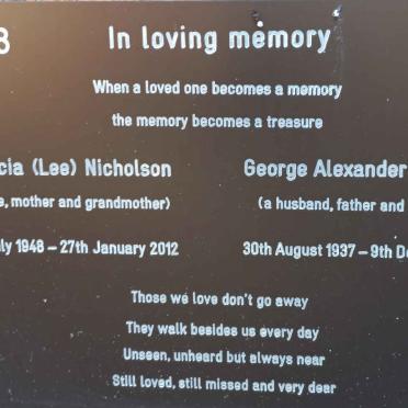 NICHOLSON George Alexander 1937-2015 &amp; Patricia LEE 1948-2012