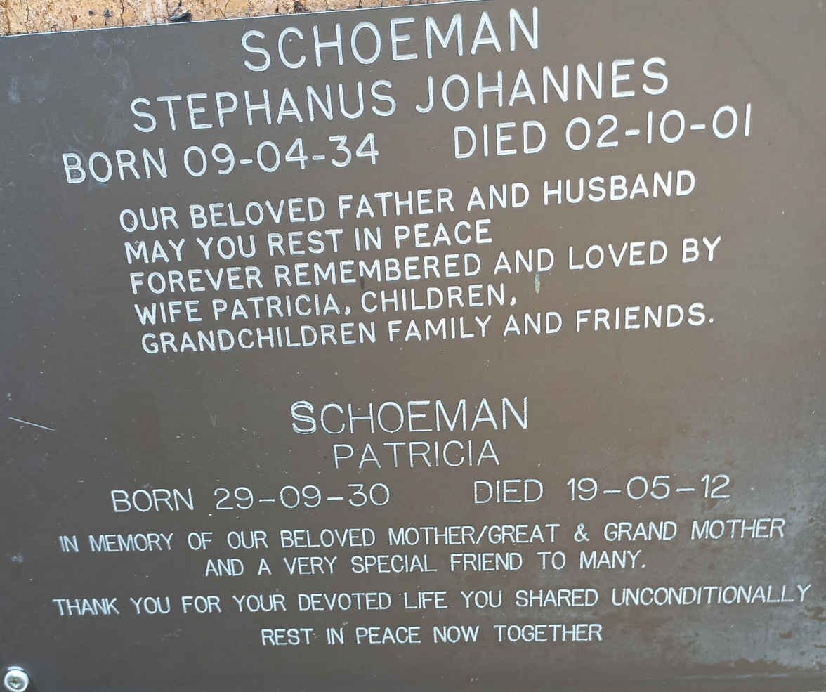 SCHOEMAN Stephanus Johannes 1934-2001 &amp; Patricia 1930-2012