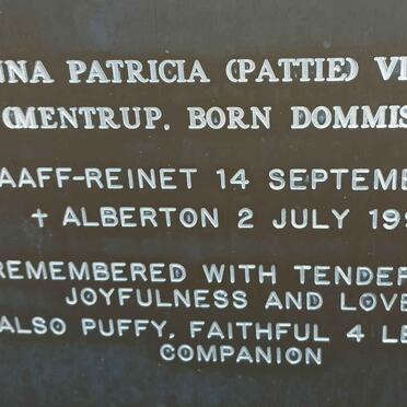 VISAGIE Anna Patricia formerly MENTRUP nee DOMMISSE 1925-1998