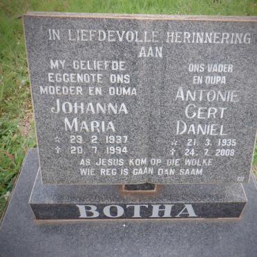 BOTHA Antonie Gert Daniel 1935-2008 &amp; Johanna Maria 1937-1994