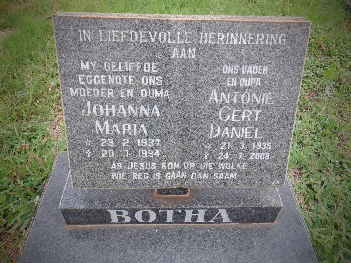BOTHA Antonie Gert Daniel 1935-2008 &amp; Johanna Maria 1937-1994