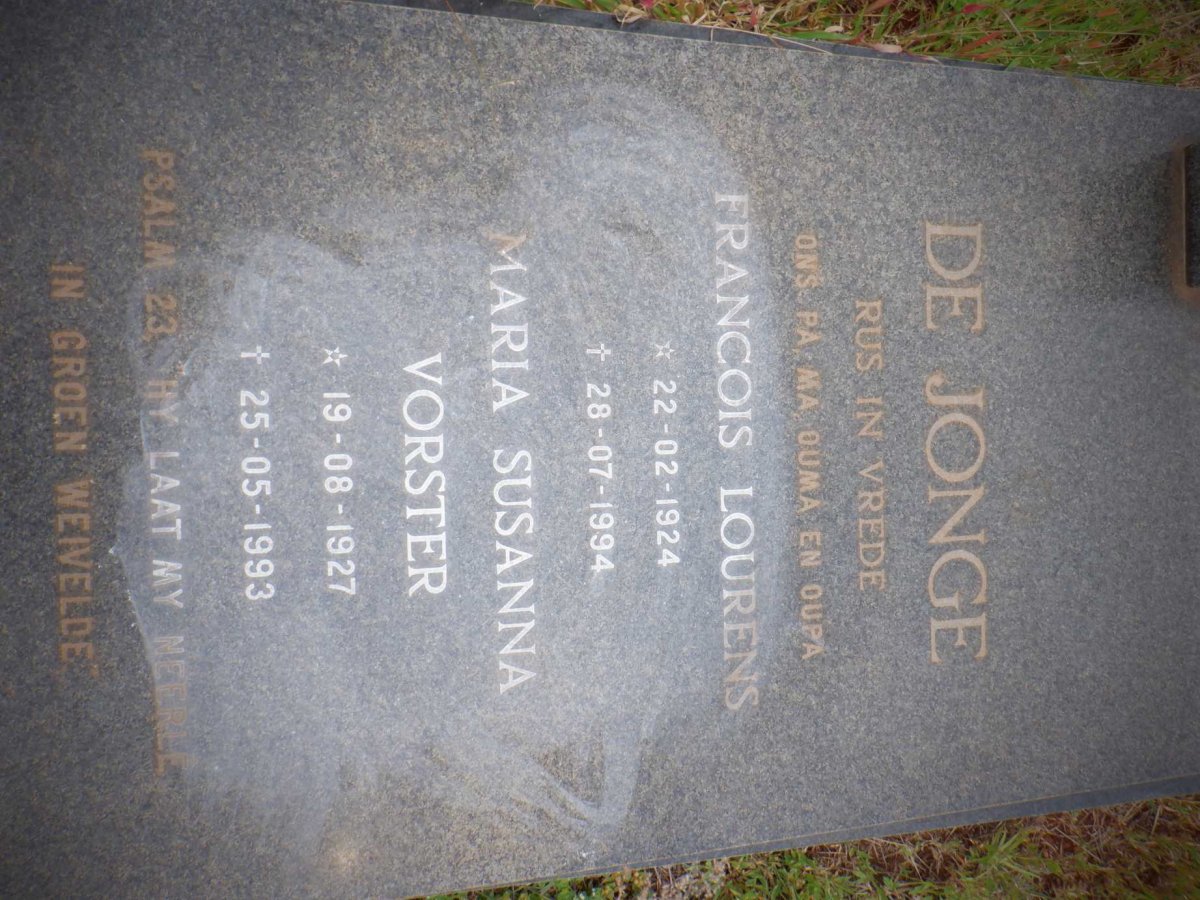 JONGE Francois Lourens, de 1924-1994 &amp; Maria Susanna VORSTER 1927-1993