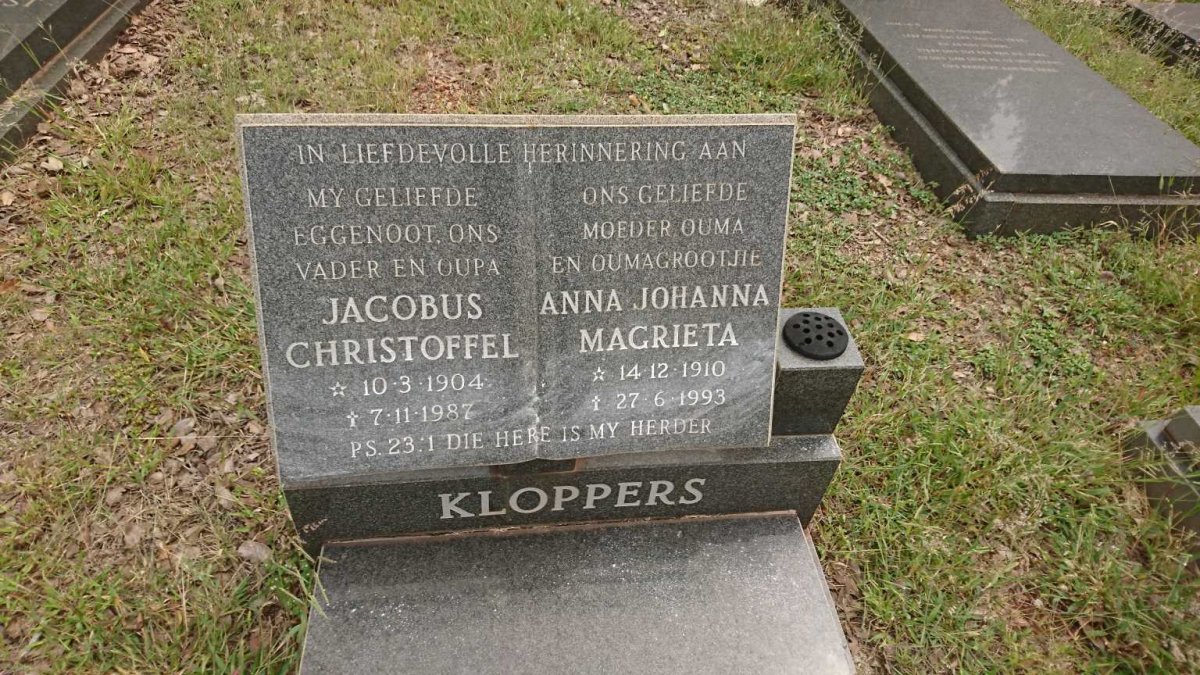 KLOPPERS Jacobus Christoffel 1904-1987 &amp; Anna Johanna Magrieta 1910-1993