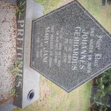 PRETORIUS Johannes Gerhardus 1929-1994 &amp; Mary Jane 1932-1995