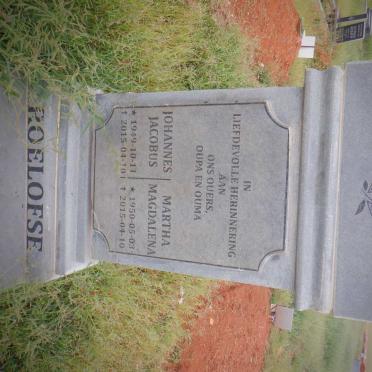 ROELOFSE Johannes Jacobus 1949-2015 &amp; Martha Magdalena 1950-2015