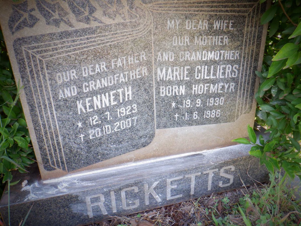 RICKETTS Kenneth 1923-2007 &amp; Marie Cilliers HOFMEYR 1930-1986