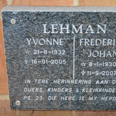 LEHMAN Frederick Johan 1930-2007 &amp; Yvonne 1932-2005