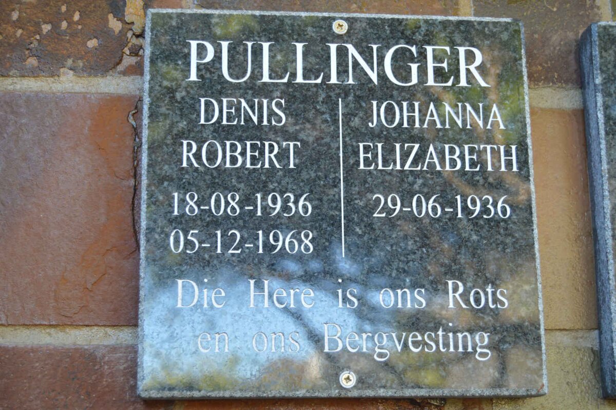 PULLINGER Denis Robert 1936-1968 &amp; Johanna Elizabeth 1936-