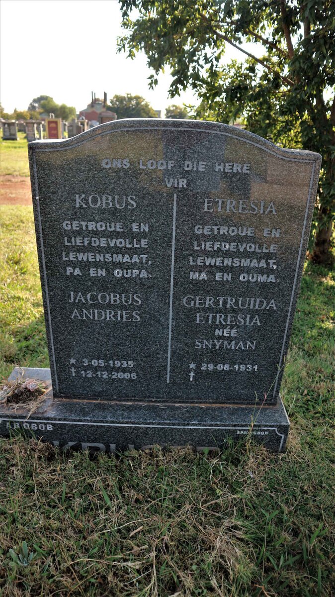 KRUGER Jacobus Andries 1935-2006 &amp; Gertruida Etresia SNYMAN 1931-